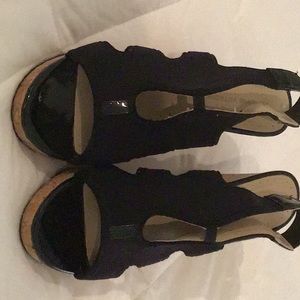 Black cork wedges. Peep toe.